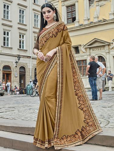 floral embroidered beige saree with blouse - 15610209 - Very Small Image - 1