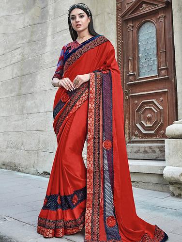 floral patchwork embroidered saree with blouse - 15610210 - Very Small Image - 1