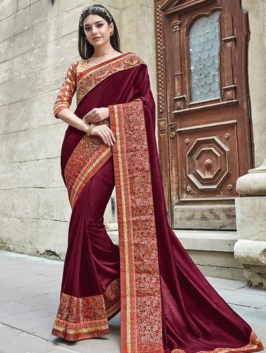 floral embroidered border saree with blouse - 15610212 - Very Small Image - 1