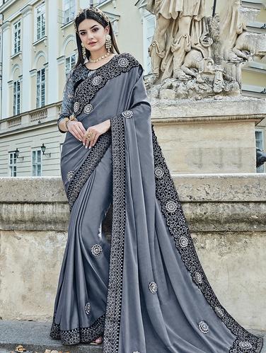 floral patchwork embroidered saree with blouse - 15610214 - Very Small Image - 1