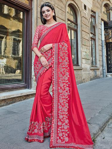floral embroidered border saree with blouse - 15610215 - Very Small Image - 1