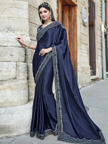 embroidered border navy blue saree with blouse - 15610216 - Very Small Image - 1