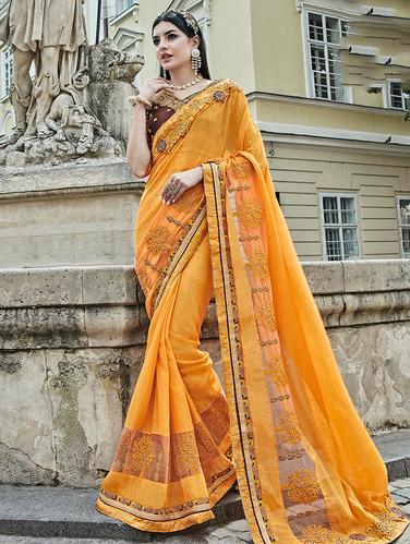embroidered border yellow saree with blouse - 15610218 - Very Small Image - 1