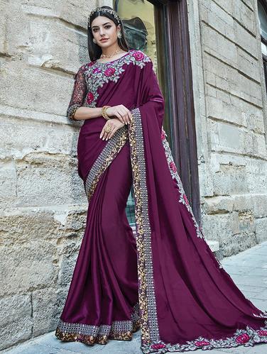 floral embroidered border saree with blouse - 15610220 - Very Small Image - 1