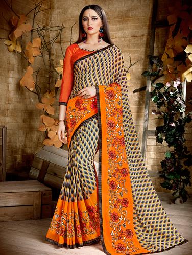 floral embroidered border saree with blouse - 15610221 - Very Small Image - 1