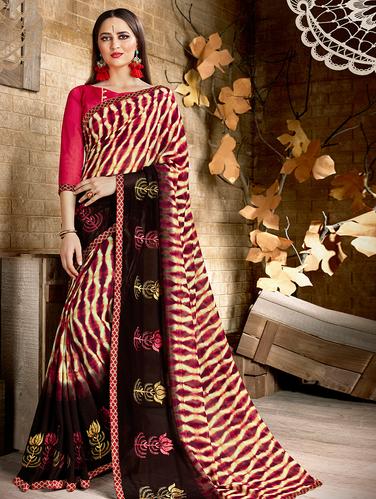 floral embroidered border saree with blouse - 15610222 - Very Small Image - 1
