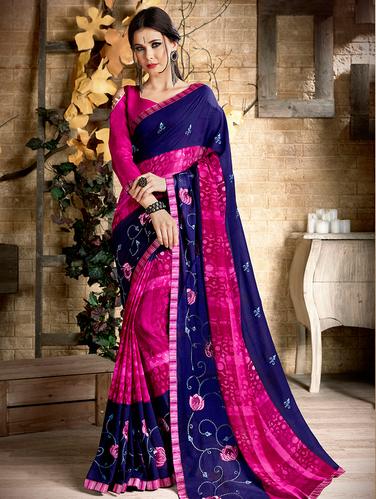 floral embroidered border saree with blouse - 15610224 - Very Small Image - 1