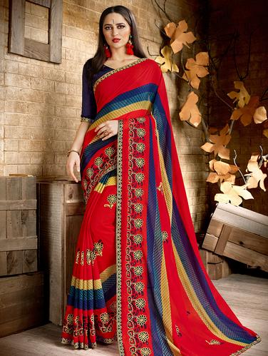 floral resham embroidered saree with blouse - 15610225 - Very Small Image - 1