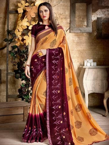 floral embroidered border saree with blouse - 15610228 - Very Small Image - 1