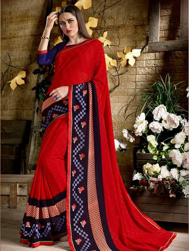 checkered embroidered border saree with blouse - 15610229 - Very Small Image - 1