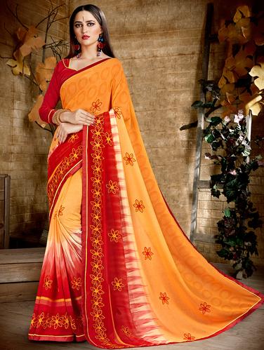 floral resham embroidered saree with blouse - 15610230 - Very Small Image - 1