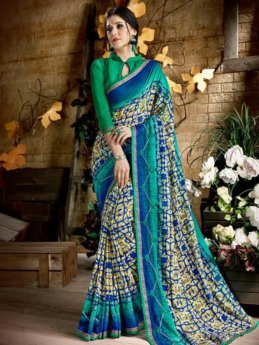 embroidered border blue saree with blouse - 15610231 - Very Small Image - 1