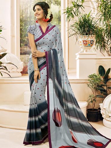 lace border polka dots printed saree with blouse - 15610236 - Very Small Image - 1