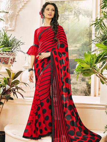 polka dots printed saree with blouse - 15610241 - Very Small Image - 1