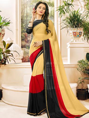 lace border color block saree with blouse - 15610242 - Very Small Image - 1