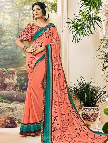 lace border digital printed saree with blouse - 15610244 - Very Small Image - 1