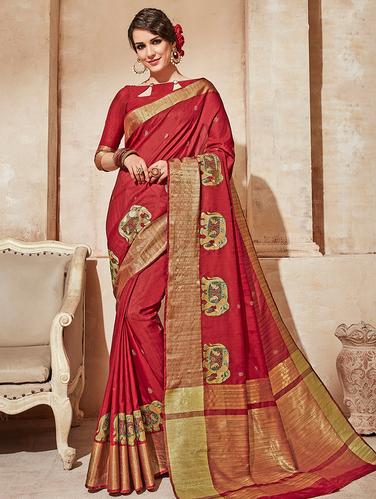 conversational red embroidered saree with blouse - 15610246 - Very Small Image - 1