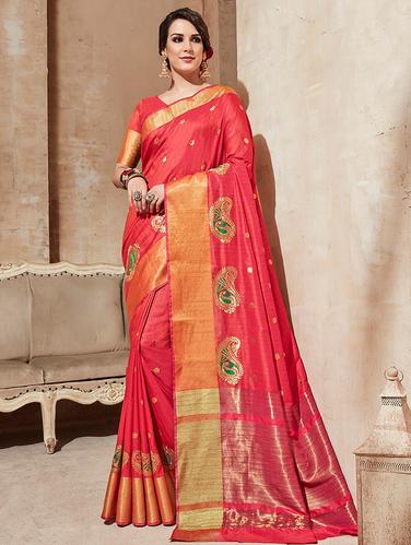 paisley embroidered coral red saree with blouse - 15610248 - Very Small Image - 1