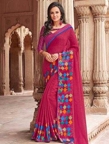 checkered printed border linen saree with blouse - 15610252 - Very Small Image - 1