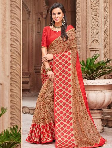 checkered linen printed saree with blouse - 15610253 - Very Small Image - 1
