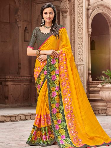 floral linen printed saree with blouse - 15610254 - Very Small Image - 1