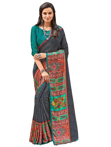 printed border linen saree with blouse - 15610255 - Very Small Image - 1