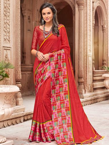 geometrical border linen saree with blouse - 15610256 - Very Small Image - 1