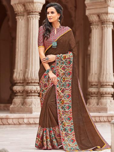 printed border linen saree with blouse - 15610258 - Very Small Image - 1