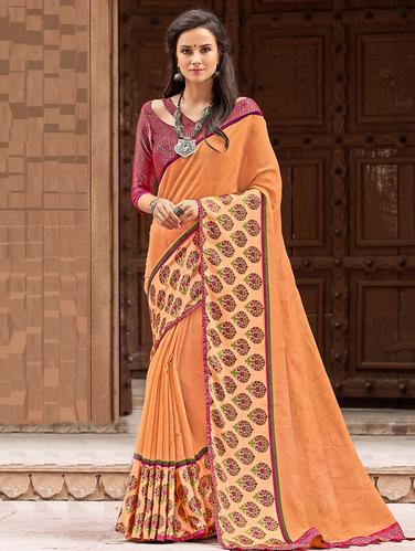 floral border linen saree with blouse - 15610259 - Very Small Image - 1