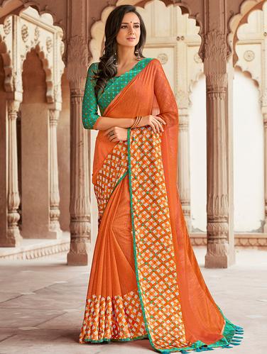 checkered border linen printed saree with blouse - 15610260 - Very Small Image - 1