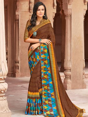 geometrical border linen printed saree with blouse - 15610261 - Very Small Image - 1