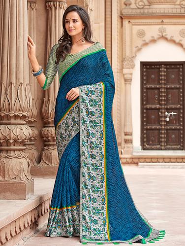 geometrical linen printed saree with blouse - 15610262 - Very Small Image - 1