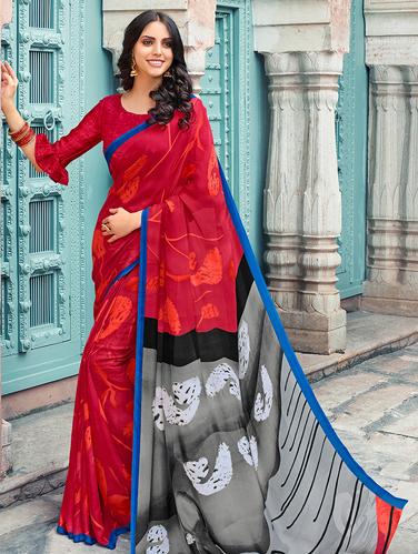 contrast pallu printed saree with blouse - 15610263 - Very Small Image - 1