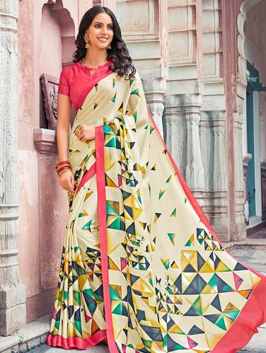 geometrical printed beige saree with blouse - 15610264 - Very Small Image - 1