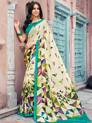 geometrical printed beige sareeb with blouse - 15610266 - Very Small Image - 1