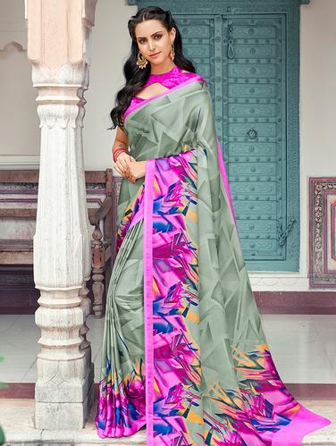 geometrical printed grey saree with blouse - 15610269 - Very Small Image - 1
