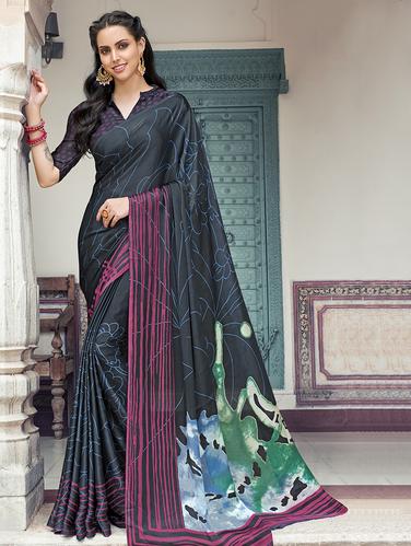 contrast border digital printed saree with blouse - 15610270 - Very Small Image - 1