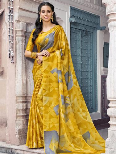 geometrical printed mustard saree with blouse - 15610273 - Very Small Image - 1