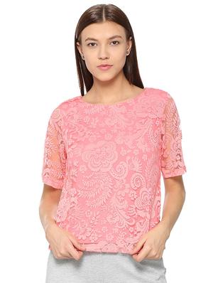 round neck short sleeve lace top - 15610754 - Standard Image - 1