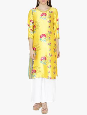Neck detail satin straight kurta - 15611366 - Standard Image - 1