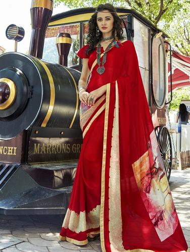 Cherry red printed saree with blouse - 15611513 - Very Small Image - 1