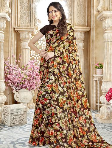 Floral printed saree with blouse - 15611515 - Very Small Image - 1