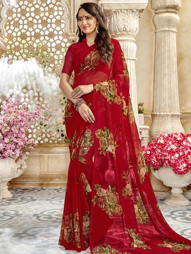 Floral printed saree with blouse - 15611524 - Very Small Image - 1