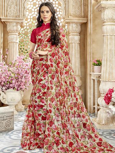 Floral printed saree with blouse - 15611526 - Very Small Image - 1