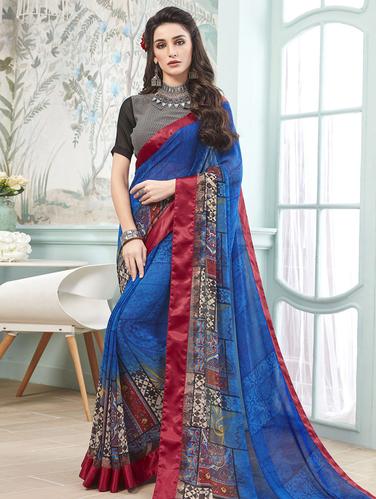Contrast bordered printed saree with blouse - 15611529 - Very Small Image - 1