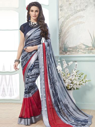 Contrast bordered printed saree with blouse - 15611531 - Very Small Image - 1