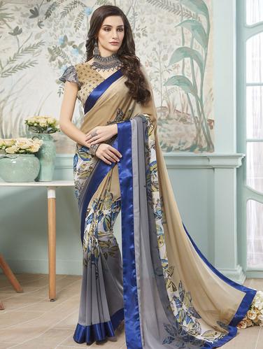 Contrast bordered printed saree with blouse - 15611533 - Very Small Image - 1
