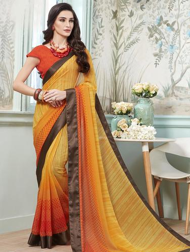 Contrast bordered printed saree with blouse - 15611535 - Very Small Image - 1