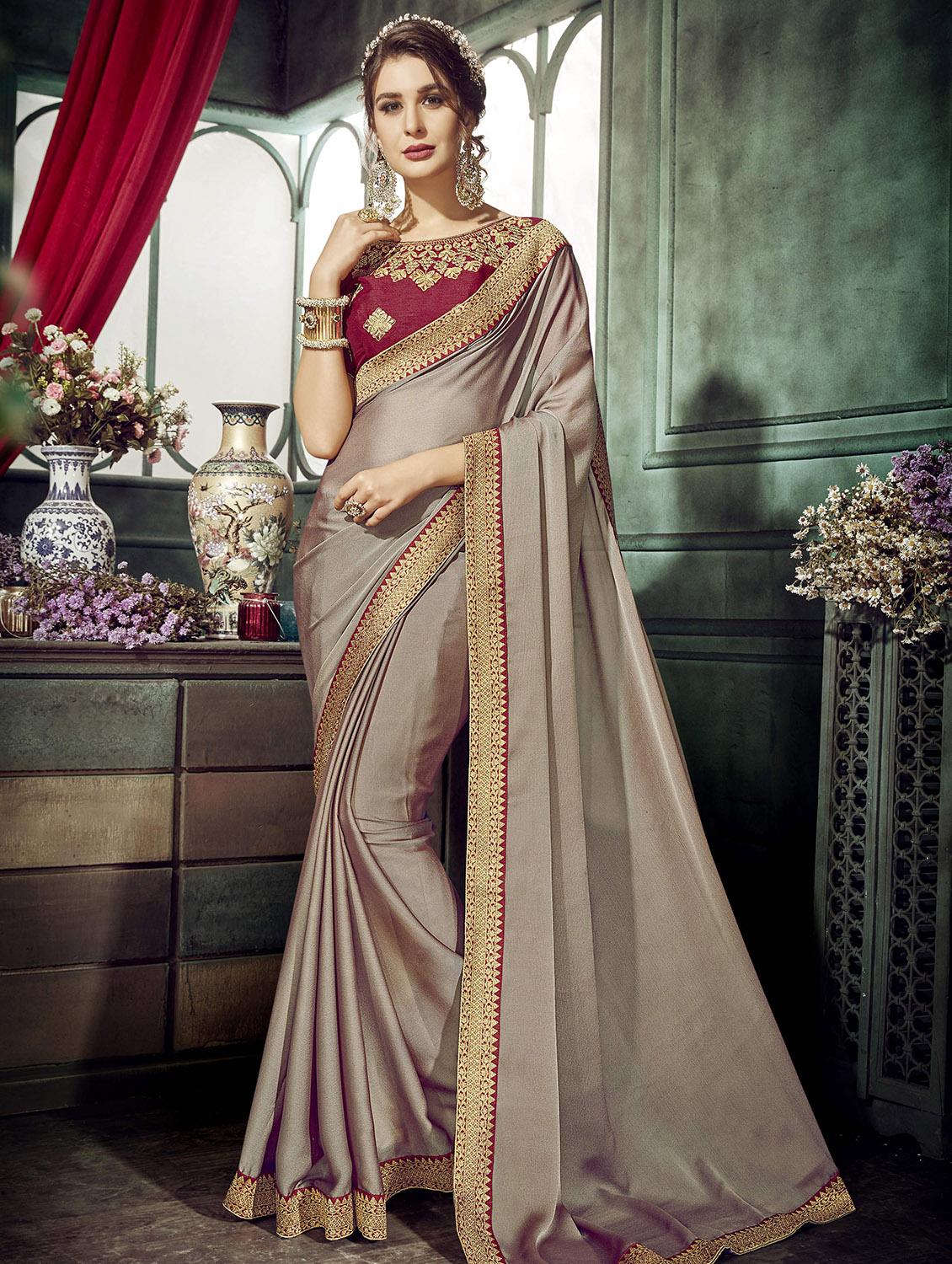 Zari lace bordered saree with blouse - 15611539 - Zoom Image - 1