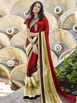 Contrast bordered printed saree with blouse - 15611548 - Standard Image - 1